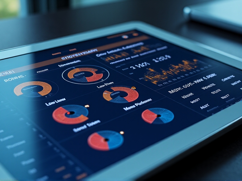A close-up of a digital inventory management dashboard on a tablet, displaying real-time stock levels of cryotherapy consumables. The interface is sleek and user-friendly, with color-coded alerts for low stock items.