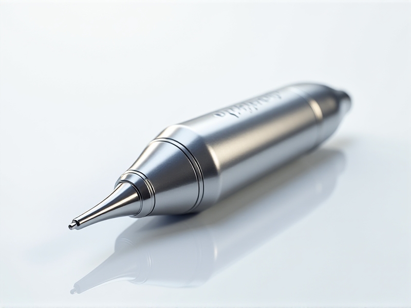 A detailed close-up of a portable cryo facial tool made from medical-grade stainless steel and high-performance polymers. The image highlights the tool's sleek, metallic finish and its precision-engineered components. The background is a soft white, emphasizing the tool's modern and professional design.