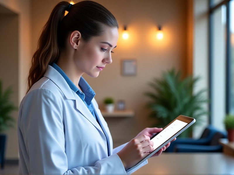 A healthcare professional meticulously recording patient data on a digital tablet in a modern, well-lit clinic, with a focus on the importance of accuracy and detail in clinical documentation.