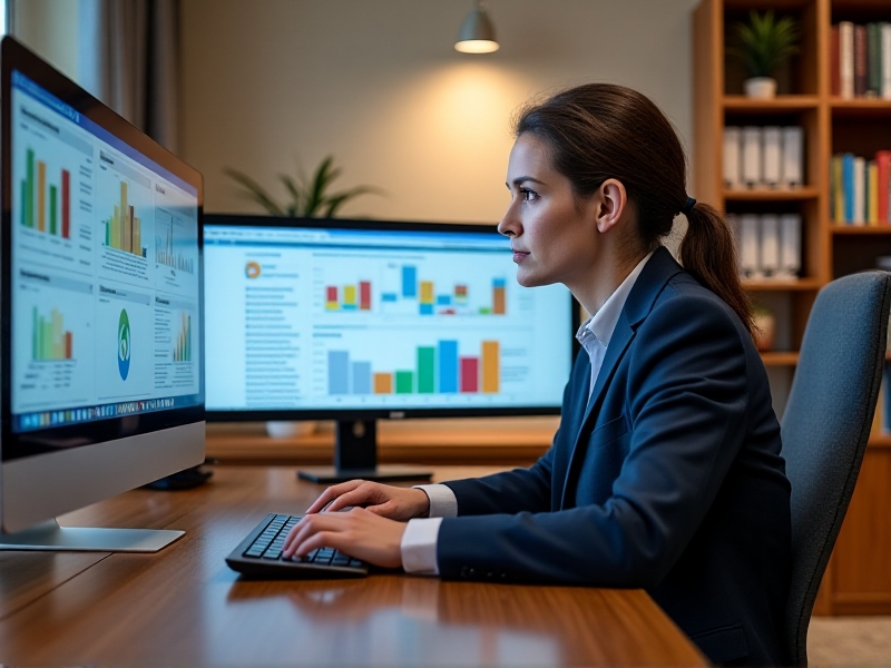 A healthcare professional analyzing a prior authorization denial report on a computer, with a determined expression. The setting is a well-lit office with charts and graphs on the wall, symbolizing data-driven problem-solving and strategic thinking.