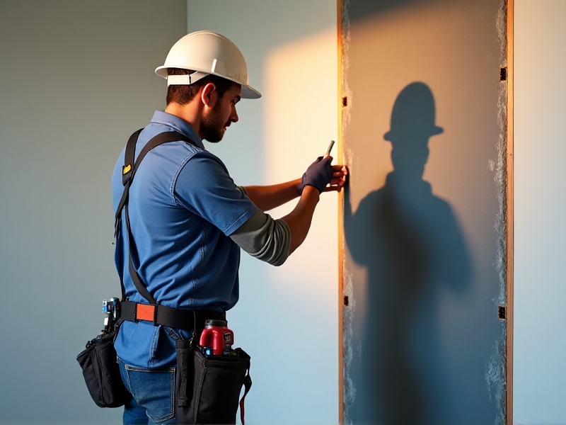 A professional installing soundproof drywall on a wall, with a layer of insulation visible between the studs, and a tool belt with acoustic sealant and a caulking gun nearby, demonstrating the process of soundproofing a wall.