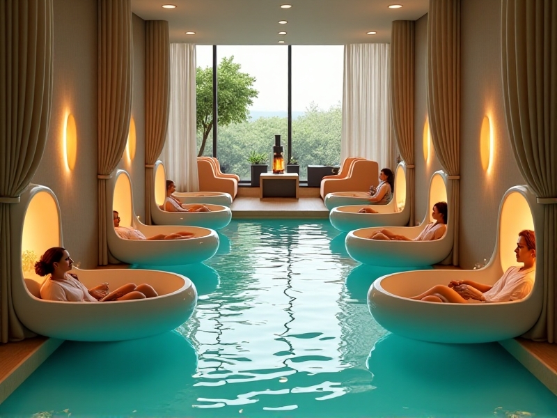 A bustling floatation therapy franchise with multiple units, showcasing a modern and inviting interior design, with customers enjoying the calming ambiance and professional staff assisting them.